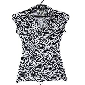 Womens Speachless Blouse Shirt ZEBRA Black White Print V-neck Cap Sleeve Size M